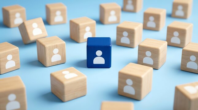 Unique individual standing out from the crowd, represented by wooden blocks with person icons