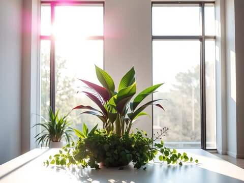 Natural light pours through floor-to-ceiling windows, illuminating a lush green plant arrangement on the desk, plants, natural_light