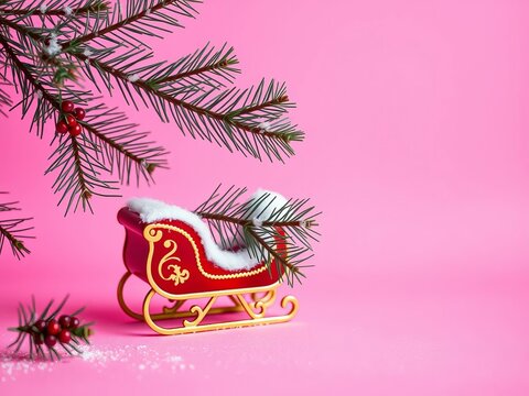 Pine needles and Santa's sleigh against pink background, festive atmosphere, Whimsical, ||Sleigh