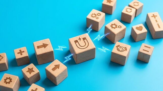 Central magnetic force influencing diverse concepts on wooden blocks, symbolizing strategic alignment, problem-solving, and attracting solutions in business