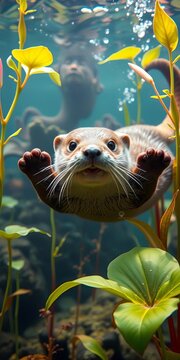Playful otter swimming amidst aquatic plants underwater, ||water, fish