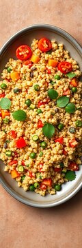 Quinoa and vegetable salad arranged in an evenly spaced triangular layout on a flat dish, presentation, brown