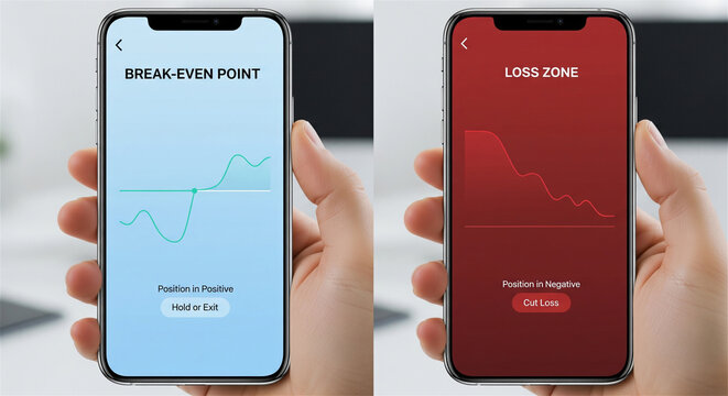 Stock market trading app on smartphone, break-even point and loss zone financial charts, hand holding mobile phone with investment data