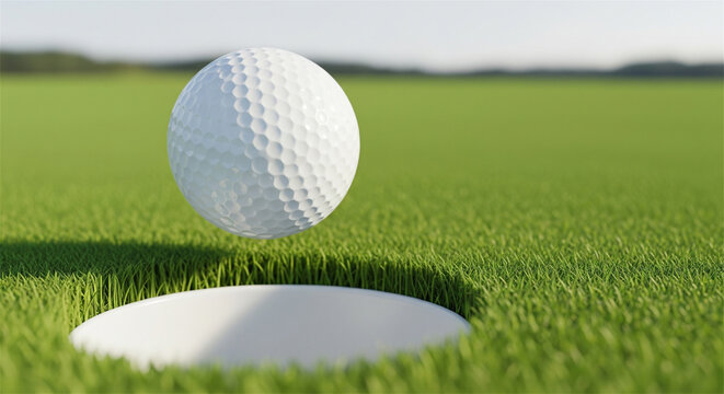 Golf ball falling into hole on green grass, professional golf course putting green, close up of white dimpled ball and cup