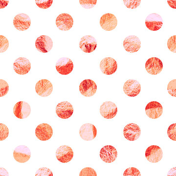 Rose gold foil seamless texture, shiny handmade circles. Golden glittering pattern. Shining hand drawn background. Wedding, greeting card decoration. Modern minimalist art. Vector illustration