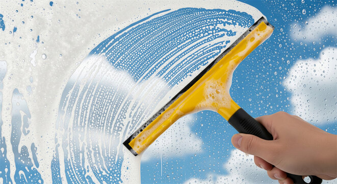 Professional window cleaning with yellow squeegee, soapy glass surface against blue sky, commercial janitorial service and maintenance