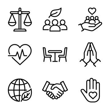 Set of nine essential humanitarian and charity themed line icons with humanitarian, community