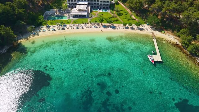 Aerial View of Vathi Beach and Luxury Resort, Thassos, Greece
