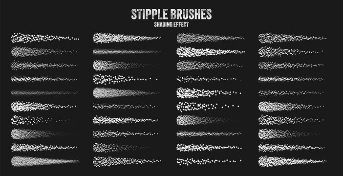 Ink scatter brush, stipple drawing and texturing. Fading gradient. Stippling, dotwork drawing, shading using dots. Halftone disintegration effect. White noise grainy texture. Vector illustration