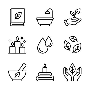 Set of nine spa wellness and natural beauty care line icons with wellness skincare treatment
