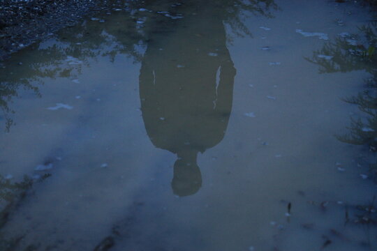 man's reflection upside down in puddle