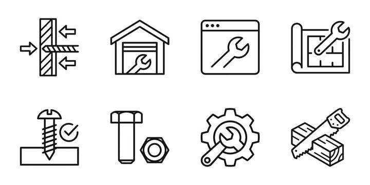 Set of industrial engineering and maintenance line icons with engineering maintenance construction