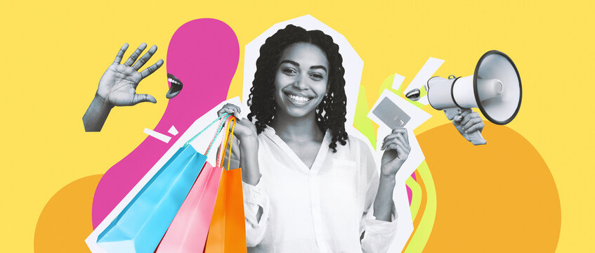 An African woman stands in a studio holding a credit card and colorful shopping bags. She smiles while promoting seasonal sales against a bright background.