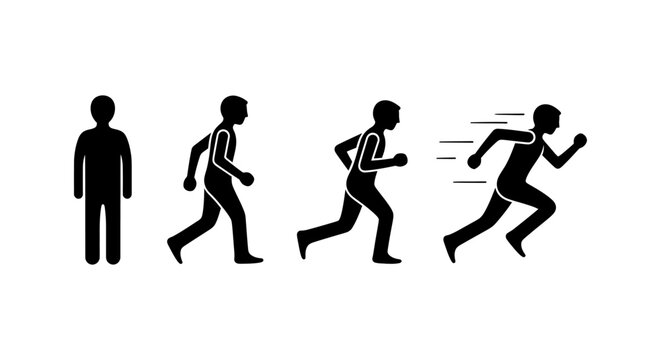 sequence of black silhouettes of a person transitioning from standing to running