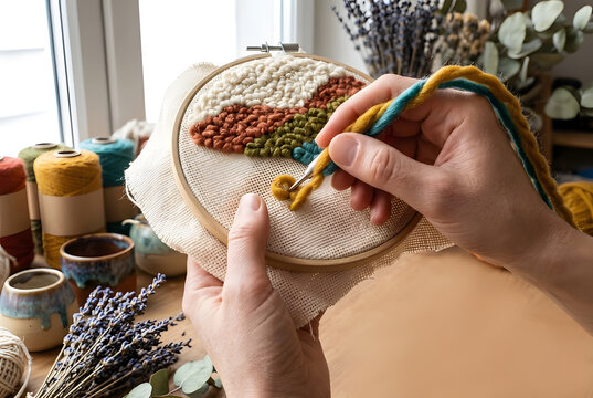 Close up of hands doing punch needle embroidery craft with fluffy yarn authentic hobby photograph.