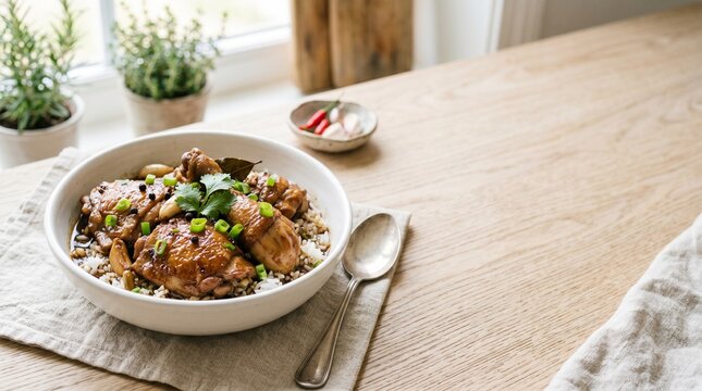 Authentic Pinoy Chicken Adobo on white Bowl with copy space area
