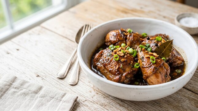 Food Photography of Traditional Filipino Chicken Adobo served on on the table with copy space