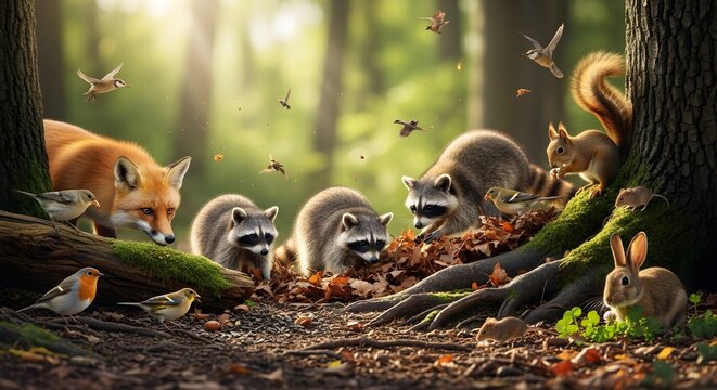 forest animals gathering at tree roots in autumn