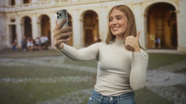 Woman taking selfie with smartphone, thumbs up gesture at historic courtyard building; happiness travel memory.