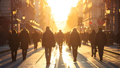 Obraz premium Crowd of people walking on a city street during sunset, warm golden hour light, atmospheric, urban scene, commuters, pedestrians, city life, backlit figures, long shadows