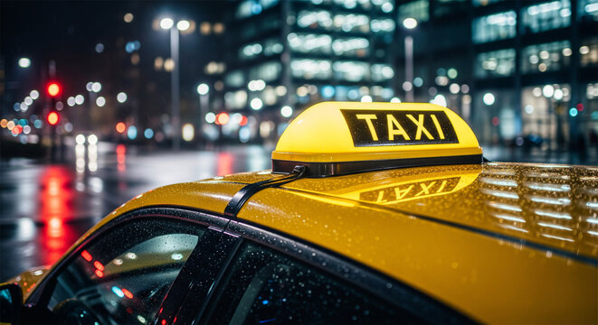 Yellow taxi cab sign glowing at night, illuminated city street with bokeh lights, urban transportation and public transit service in rain
