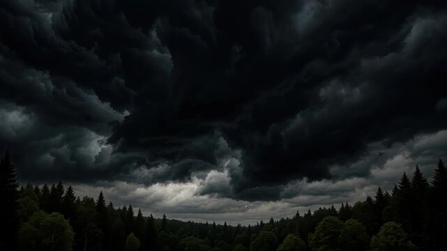 Dramatic Sky Over Forest: A majestic sky painted with foreboding dark clouds hangs over a lush, towering forest, creating a sense of impending change and the raw power of nature. 