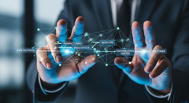 Supply chain management concept. A logistics manager's hands monitor the flow of goods on a holographic supply chain, from 'raw material' to 'end customer'