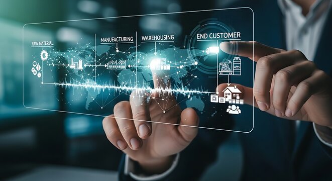 Supply chain management concept. A logistics manager's hands monitor the flow of goods on a holographic supply chain, from 'raw material' to 'end customer'