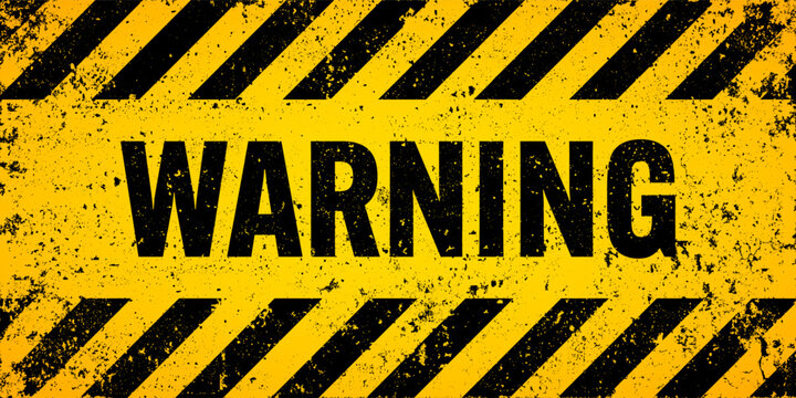 Warning sign with yellow and black diagonal lines. Attention, danger or caution symbol. Construction site signage, road safety notice, hazard banner, security alert shield. Vector illustration