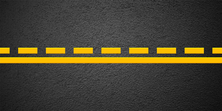 Asphalt road with yellow lane marking, concrete highway surface, texture. Street traffic line, road dividing strip. Pattern with grainy structure, grunge stone background. Vector illustration