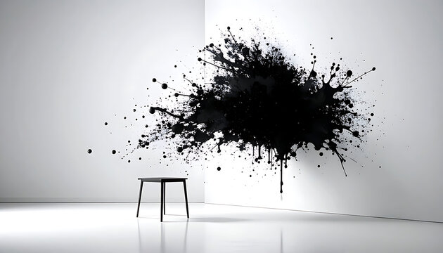 Black ink splatter exploding on a clean white wall in a studio, with a minimalist stool nearby, abstract energetic chaos