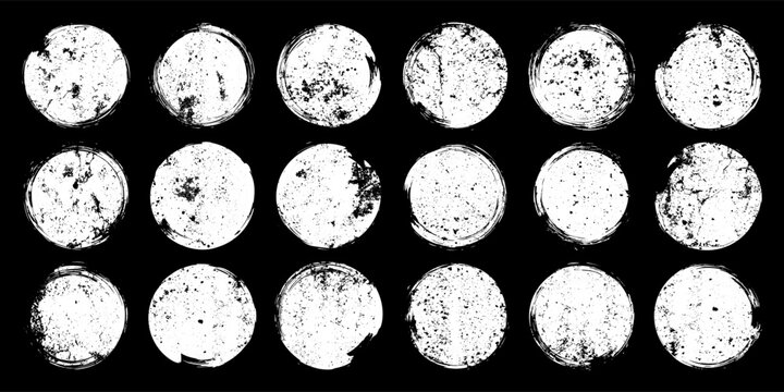 Grunge circles with stains and scratches. Circle brush stroke, round shape design element. Distressed dirty text frame, border, sticker or label. Paintbrush, ink stains. Vector illustration
