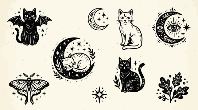 Set of mystic cat and moon illustrations for tattoo or esoteric design.