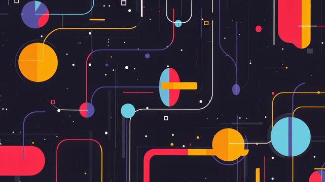 Colorful Abstract Tech Design: This image presents a captivating digital design with a vibrant array of interconnected shapes and lines. This illustration embodies complexity and innovation.