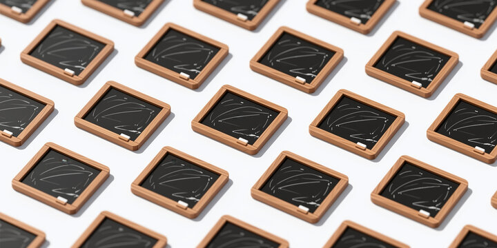 A repeating pattern of wooden-framed blackboards with white chalk drawings on a white background.