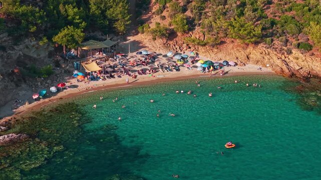 Aerial view of Notos Beach and Sandy Bay, Potos Region, Thassos Island, Greece