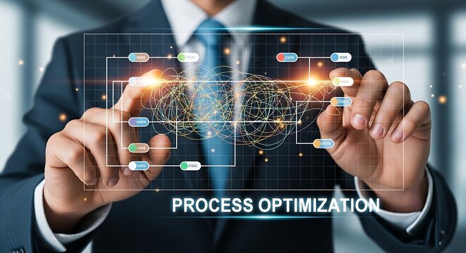 Process optimization concept. A business consultant's hands straighten a messy holographic flowchart into a linear, efficient process, symbolizing optimization