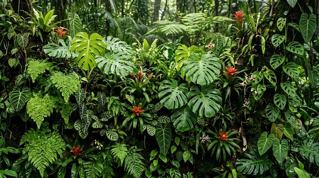 Lush jungle foliage with vibrant red bromeliads and large tropical leaves creating a dense, verdant wall of green