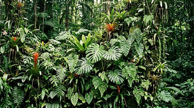 Lush tropical rainforest wall teeming with vibrant green foliage and exotic red bromeliads