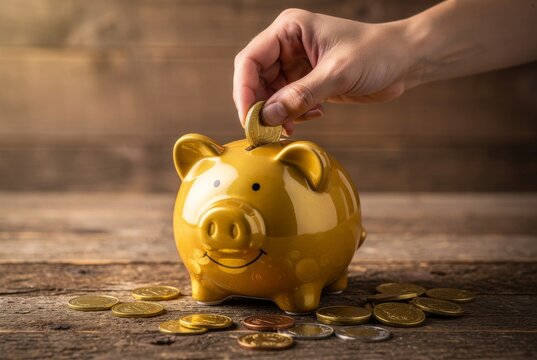 Hand depositing coin into a yellow piggy bank on a wooden table