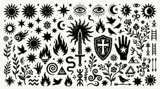 Set of occult and esoteric hand drawn mystic symbols.
