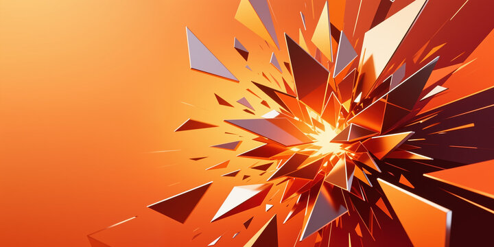 Bright orange and red geometric fragments radiate from a central point, creating a dynamic energy effect with sharp triangular pieces and a glowing core on a gradient orange background.