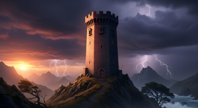 Tower standing alone on mountain top.