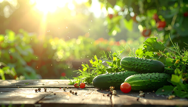 Freshly picked cucumbers and ripe tomatoes resting on a rustic wooden table, bathed in warm morning sunlight, with lush garden foliage in the background, vibrant, healthy harvest concept