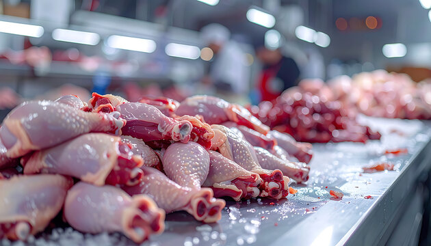 Freshly processed raw chicken legs and thighs piled on a stainless steel table in a busy food processing plant, with workers blurred in the background, highlighting meat industry production