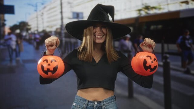 Woman wearing witch hat holding two pumpkin buckets and showing midriff on city street with pedestrians; festive playful confidence.