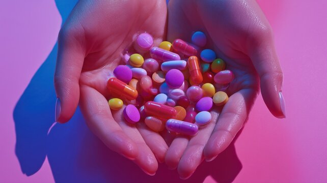 手のひらに様々な色のカプセルや錠剤が盛られている。医療や健康管理のイメージ素材
