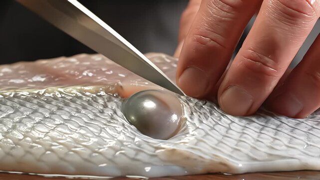 Japanese sushi chef slicing raw fish fillet with a large pearl on a wooden board