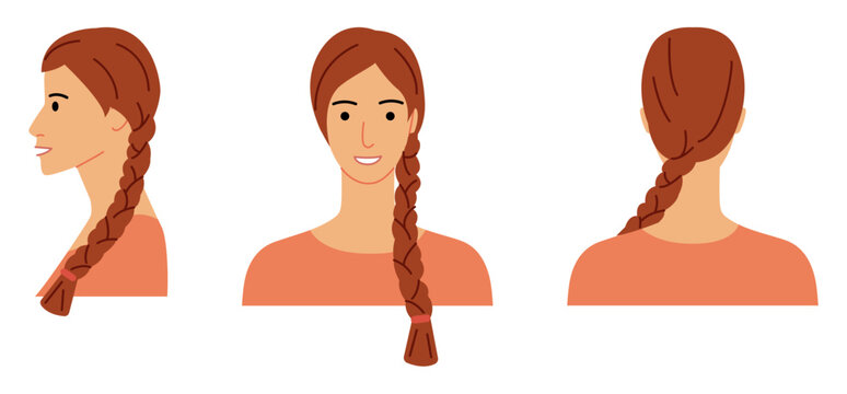 Braid Plait hairstyle flat vector front back profile views, long braid structure for avatar, beauty app, interface design, fashion illustration, character system 