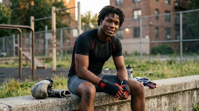 Fit confident sporty young black man boxer fighter sitting outdoors. Strong African ethnic guy relaxing after street workout exercises or boxing resting after training outside. Portrait